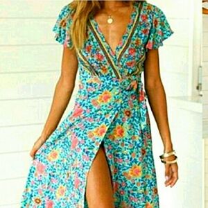Boho Floral Vneck Maxi Wrap Dress
